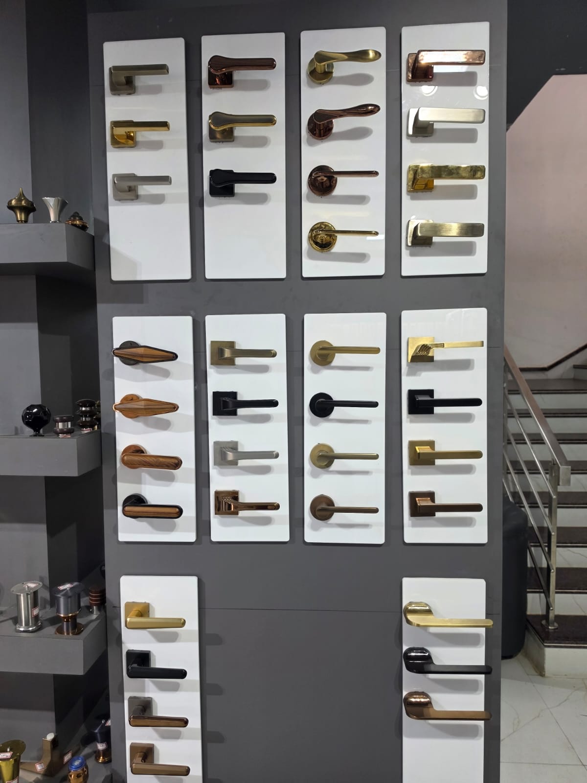 Designer Mortise Door Handles with Rosettes on Display